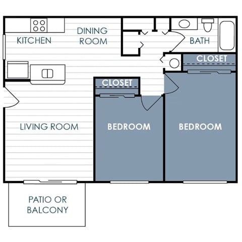 Floor plan for 2 beds, 1 bath, 816 sqft